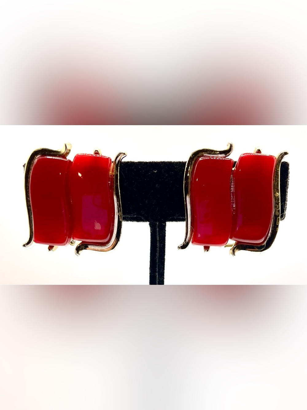 Vintage Mid Century Red Lucite Thermoset Gold Clip On Earrings 1960s